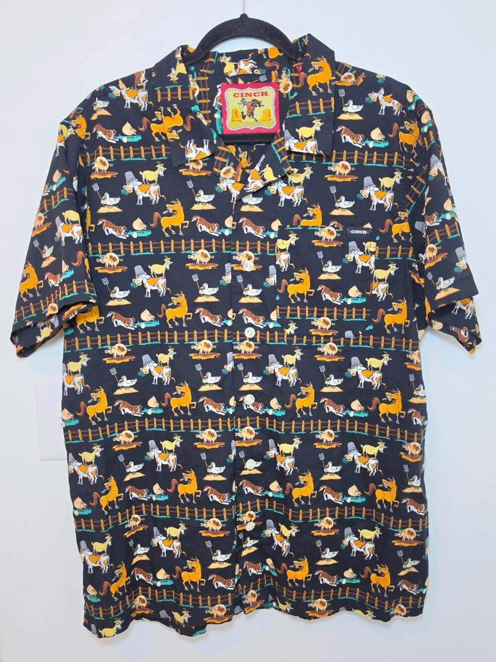Cinch Western Cowboy Novelty Button Shirt Large Black All Over Print Cartoon